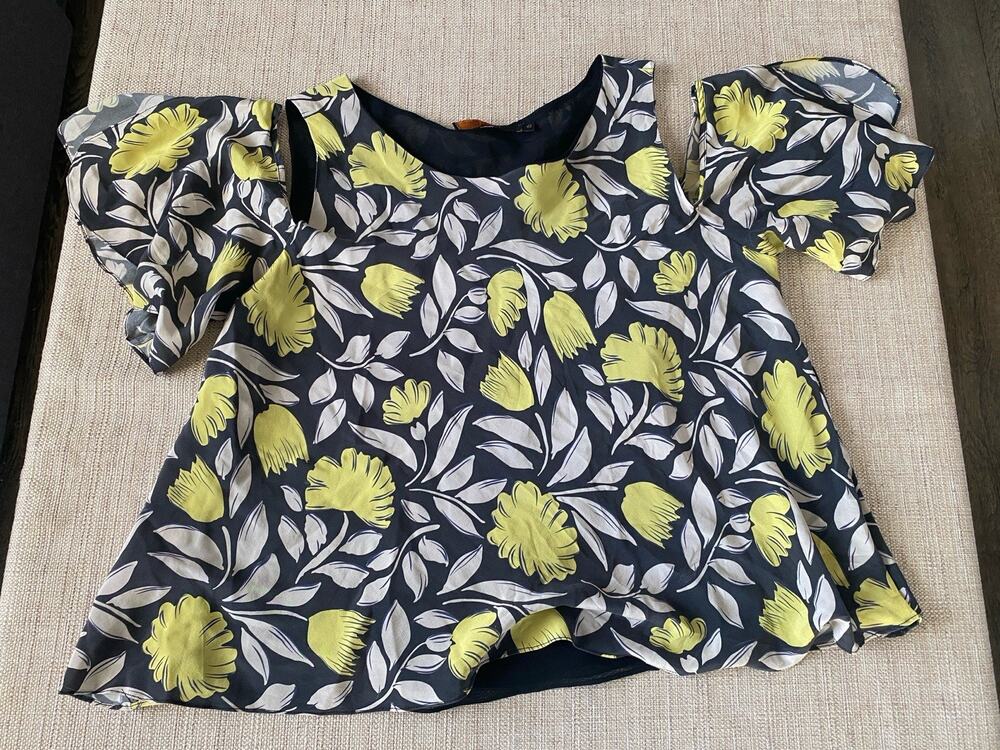 Animale Yellow White Floral Cold Shoulder Silk Blouse Botanical Print 42 (M)